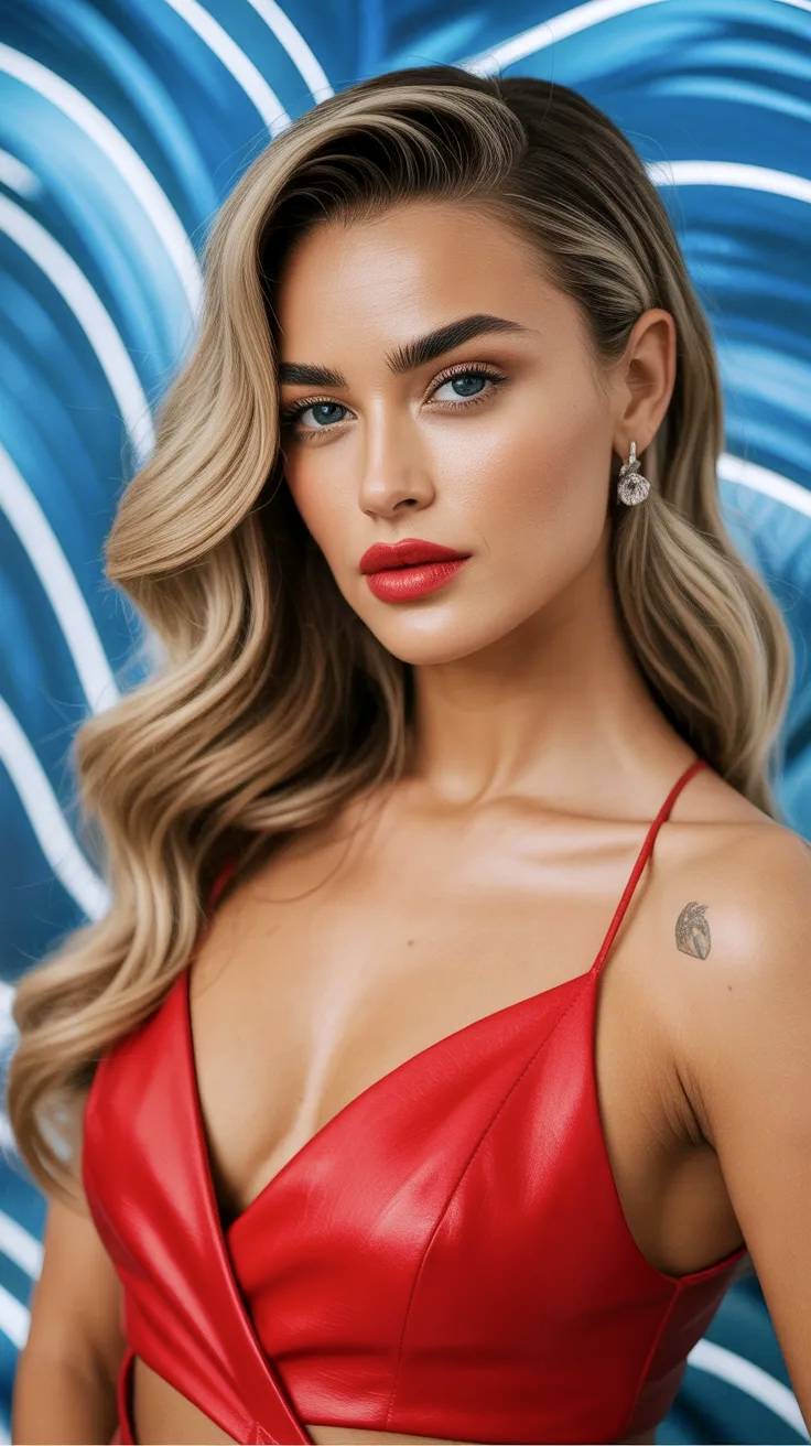 Modelo rubia posando con top de piel rojo.