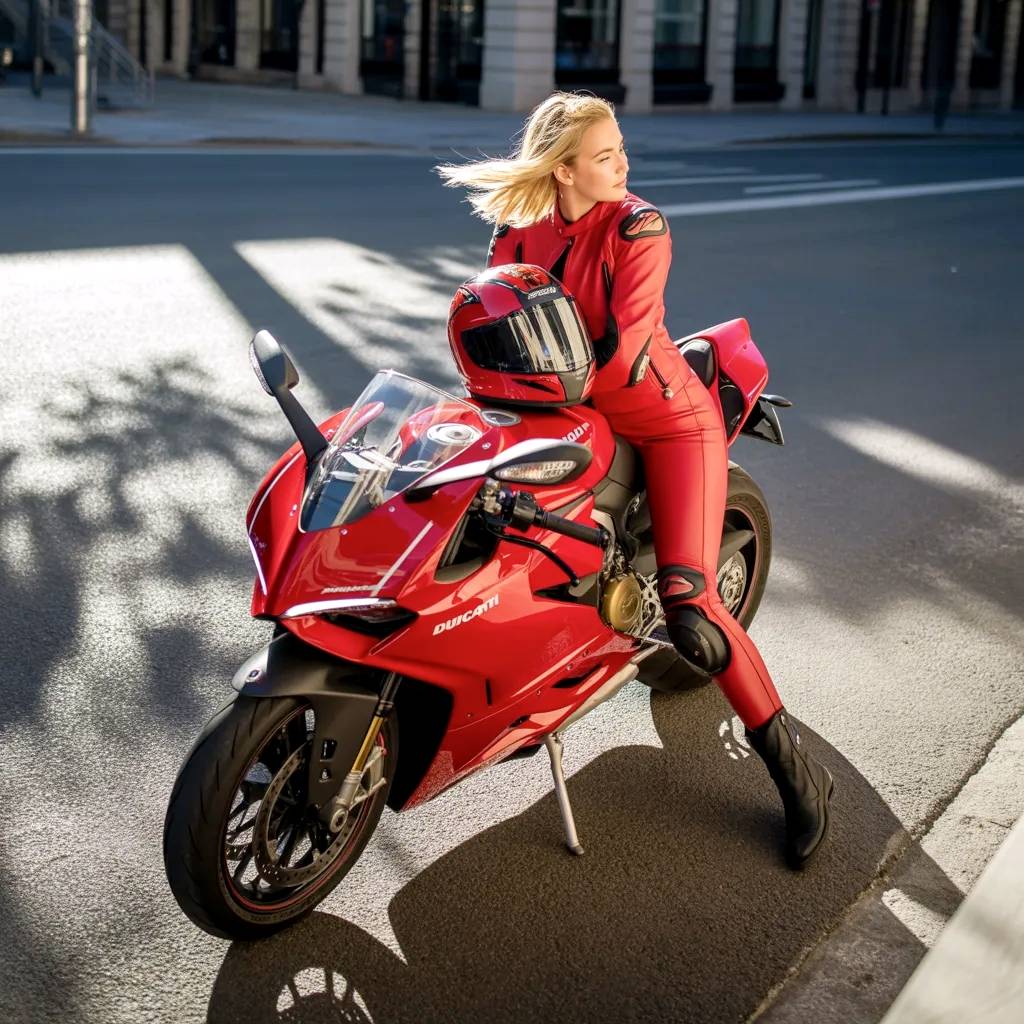 Modelo rubia sobre moto Ducati.