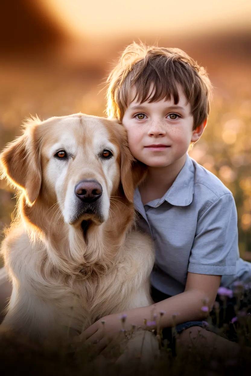 Muchacho posando con su Golden Retriever.
