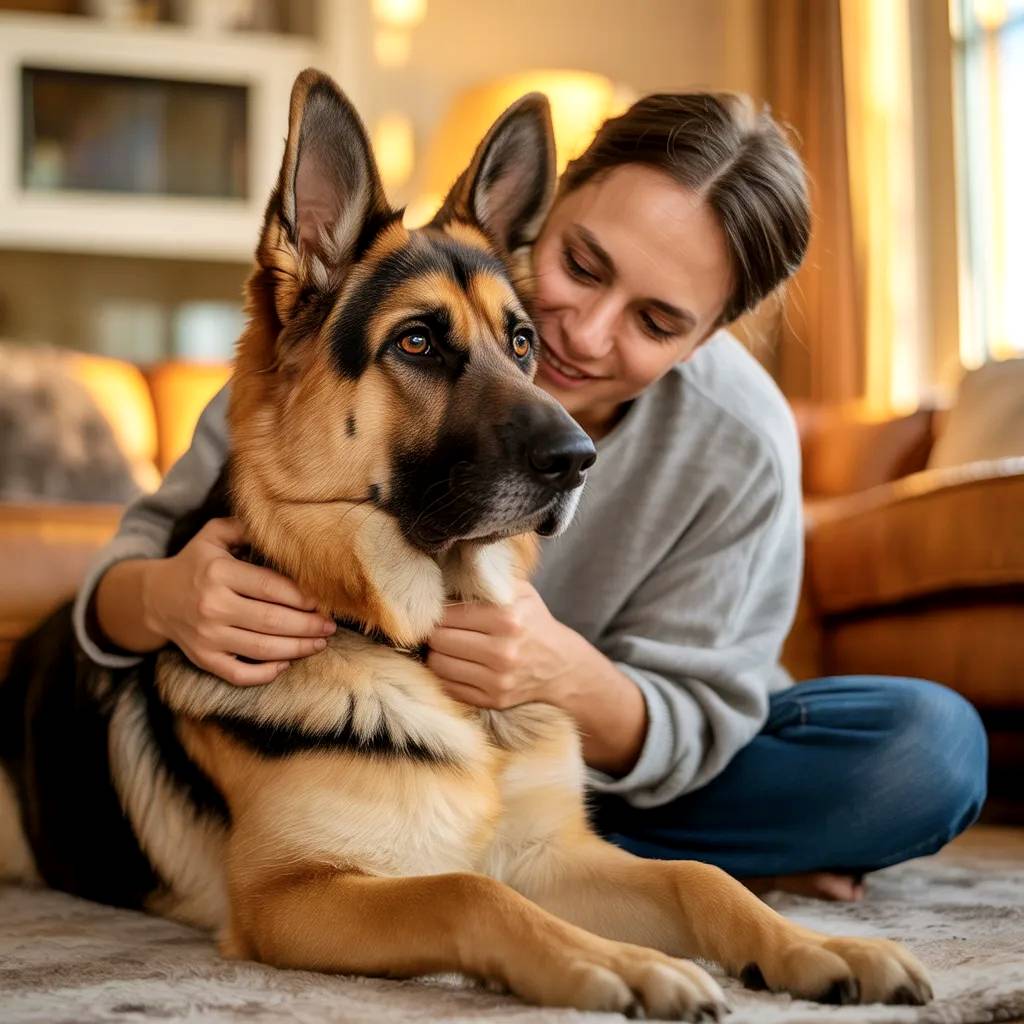 Mujer en salón de casa junto a su Pastor Alemán.