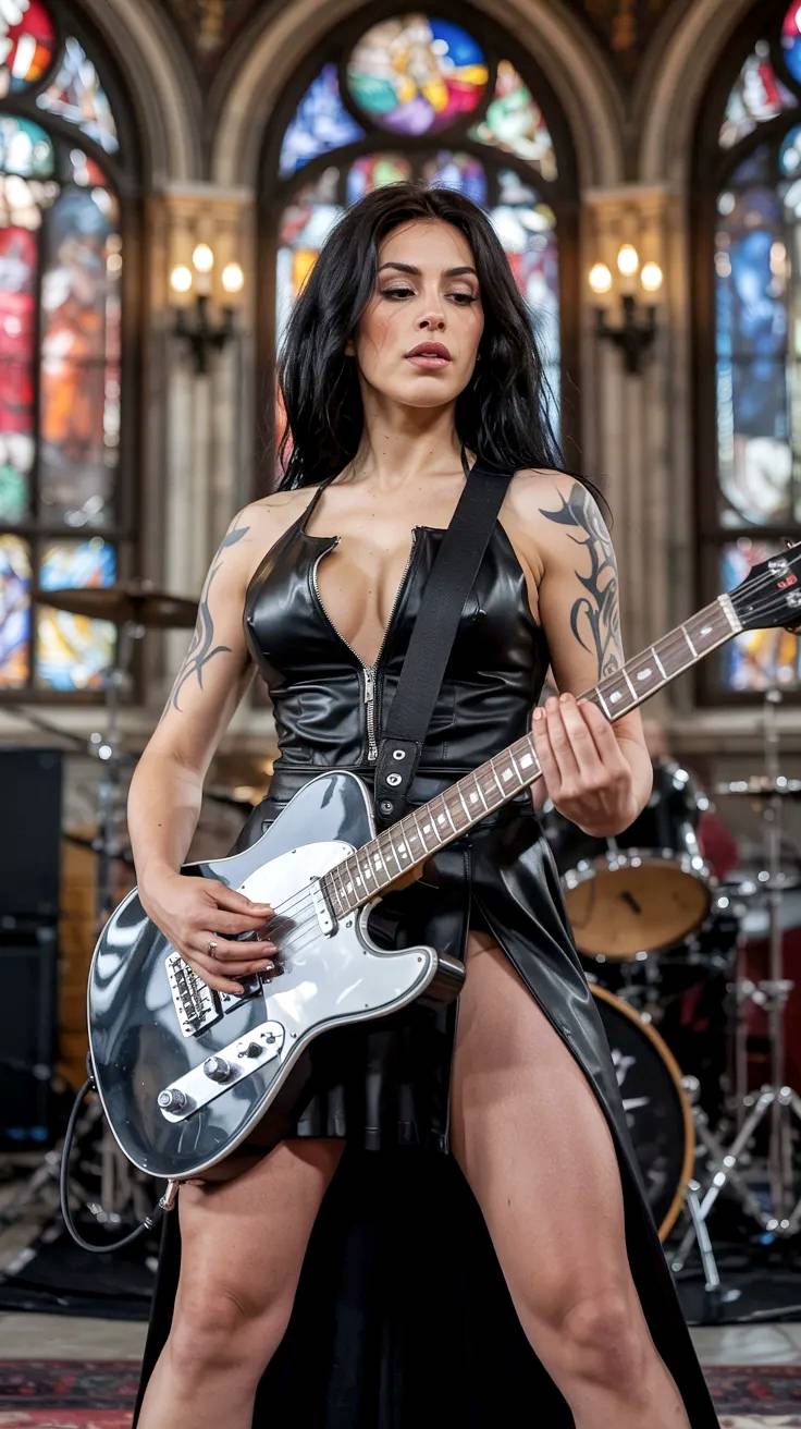 Mujer guitarrista en templo.