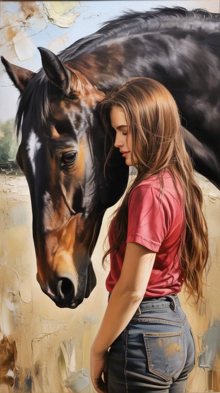 Mujer junto a corcel con fondo al óleo.