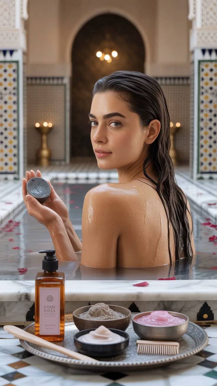 Mujer tomando un baño con cremas.