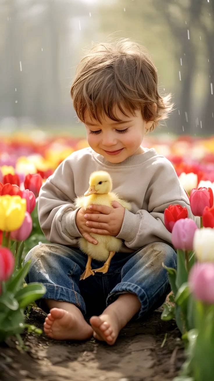 Niño con patito entre flores.