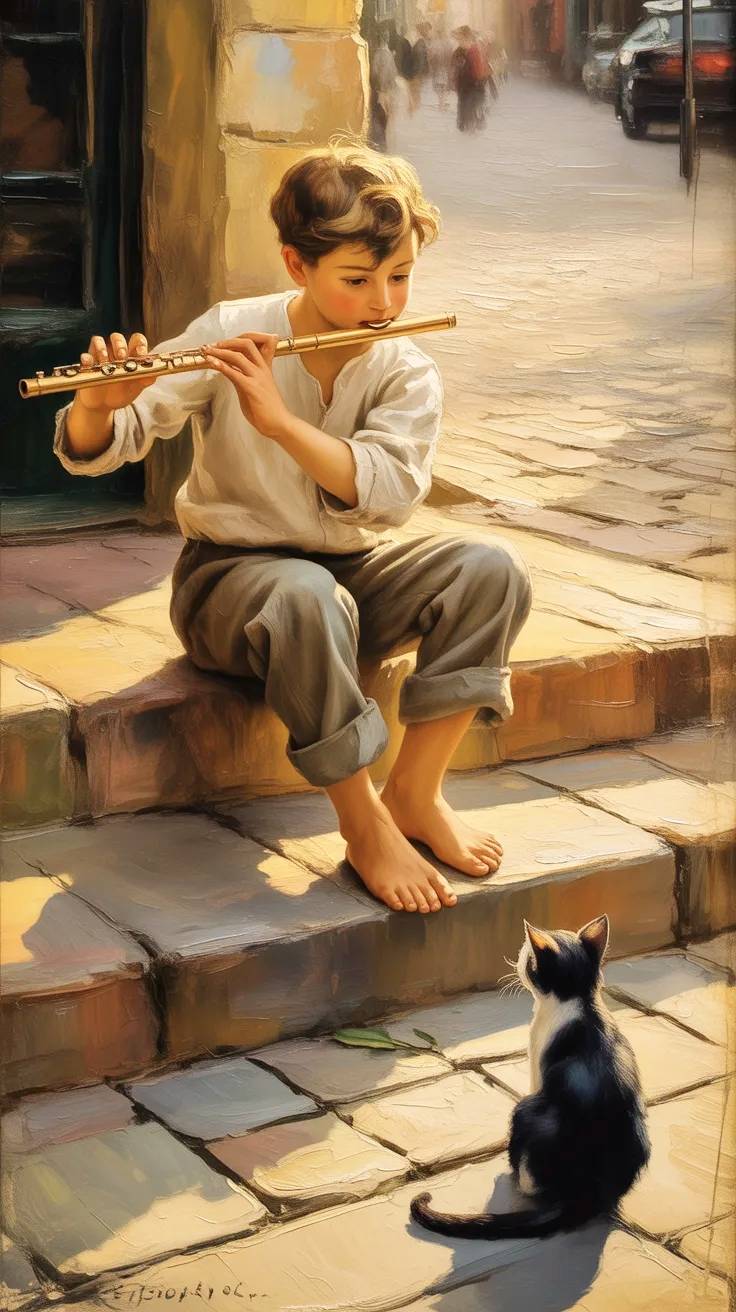Niño tocando flauta ante un gatito.