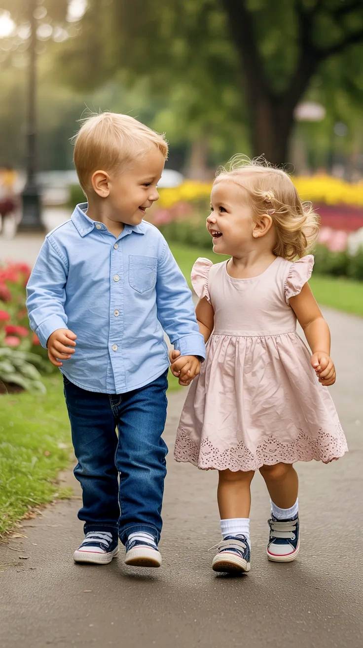 Niño y niña caminando por el parque.