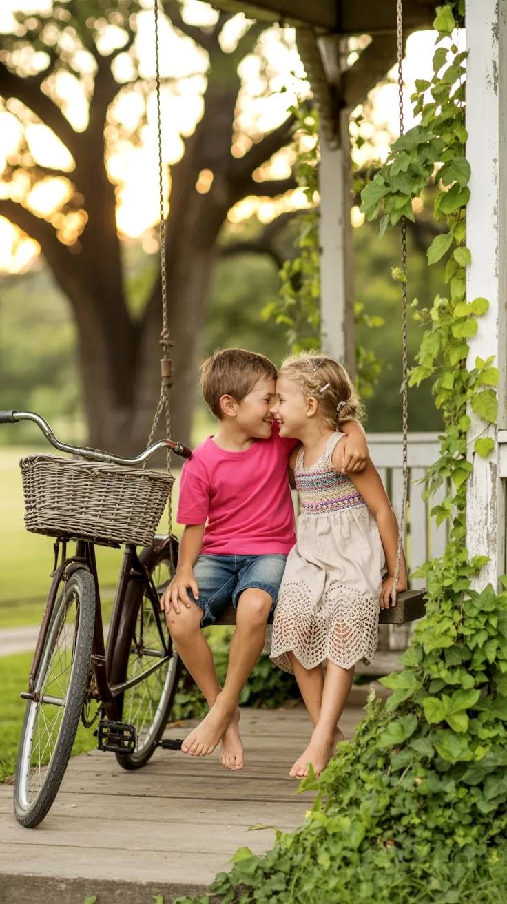 Niño y niña sentados en columpio.