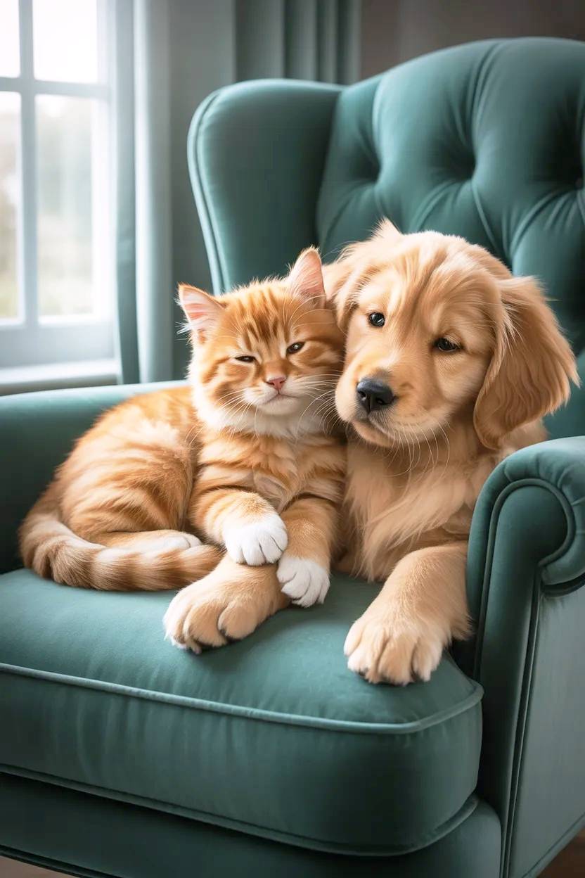 Perro y gato en sillón.