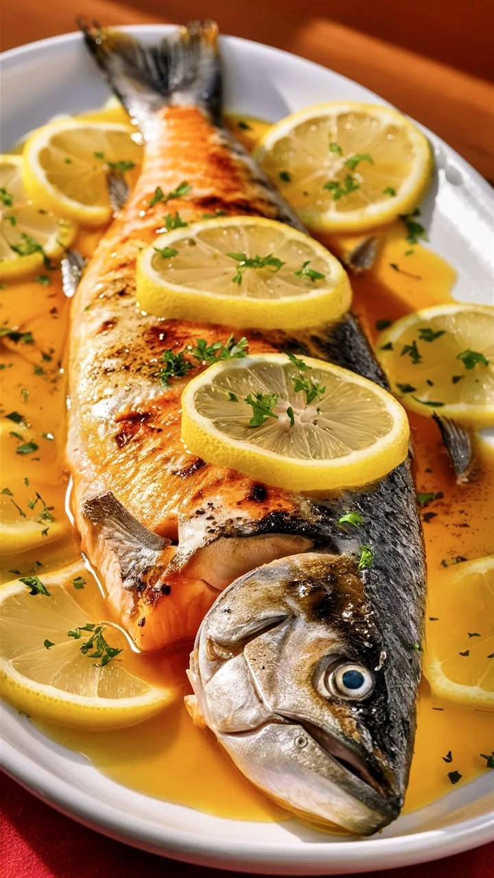 Presentación en plato de salmón al limón.