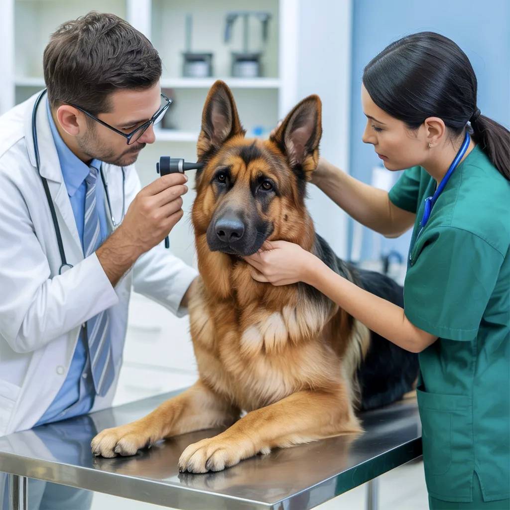 Profesionales veterinarios explorando Pastor Alemán.