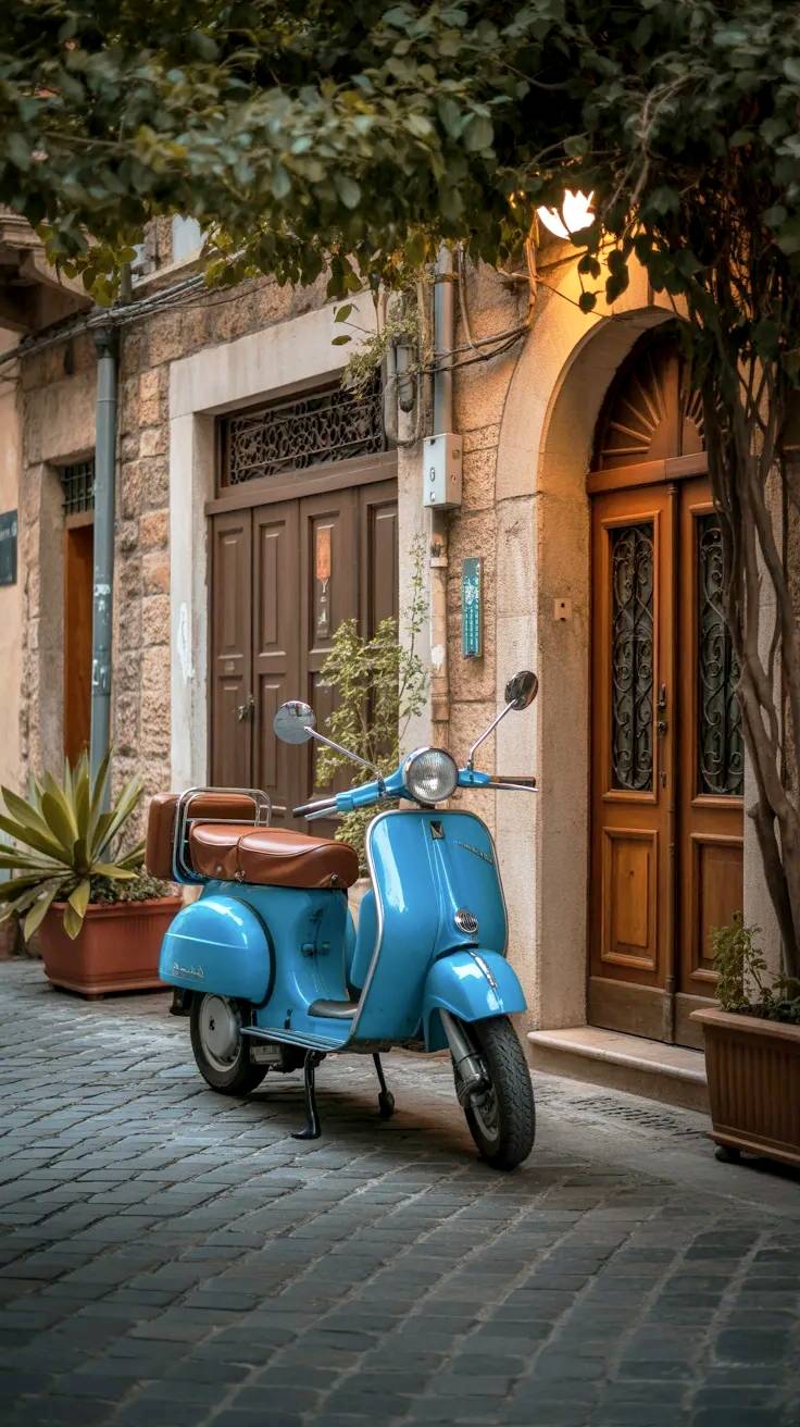 Vespa vintage azul en puerta domicilio.