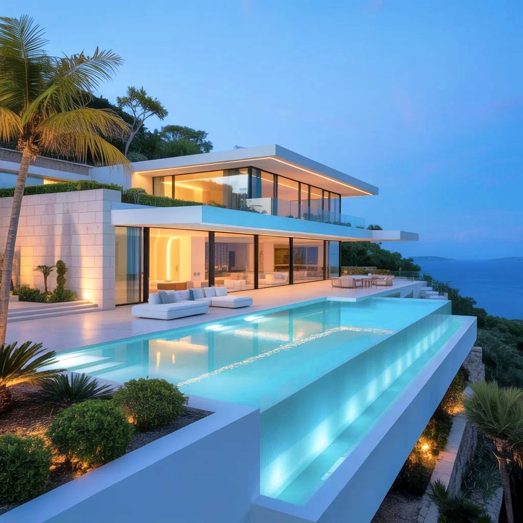 Villa de lujo con piscina nocturna.