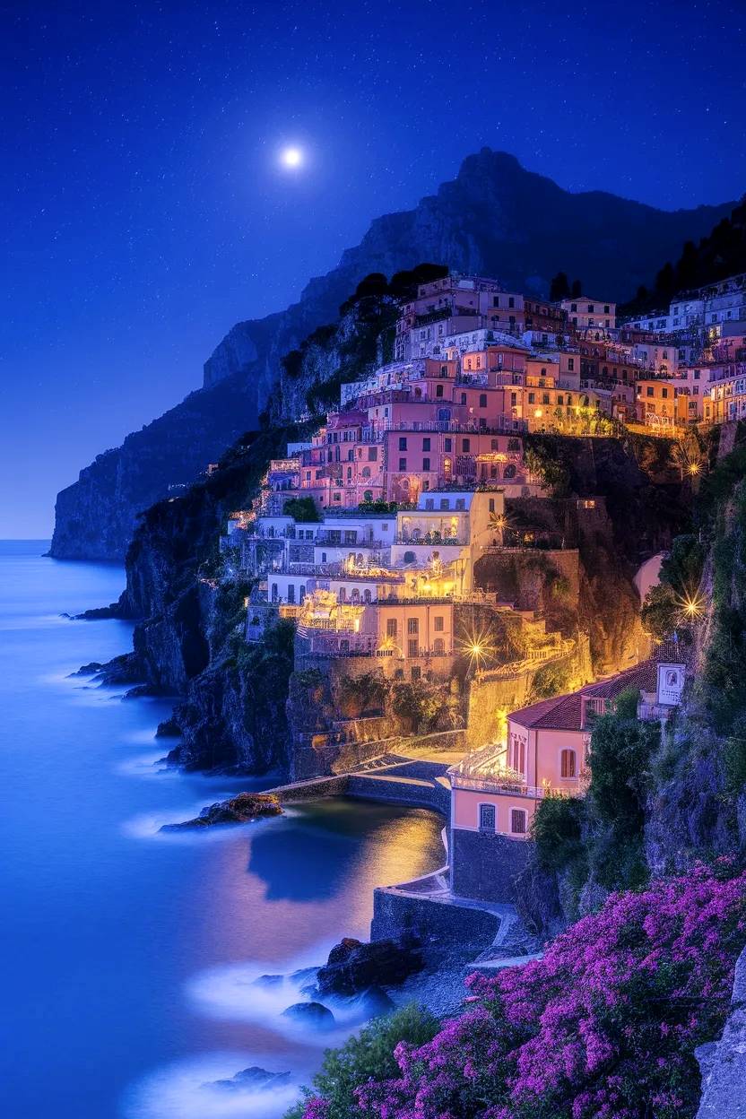 Vista nocturna de un pueblo del Mediterráneo.