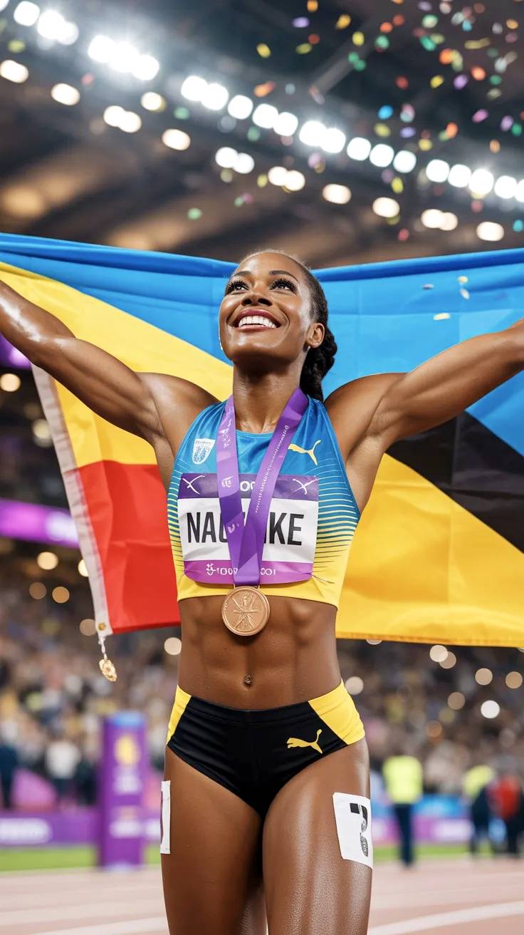 Atleta femenina de color celebrando medalla de oro.