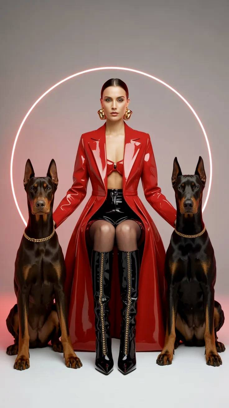 Atractiva modelo de rojo sentada junto a ejemplares de Doberman.