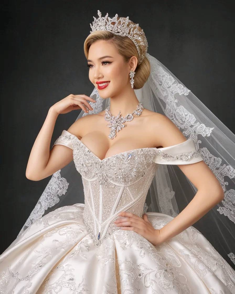 Atractiva modelo oriental con traje de novia con pedrería y tiara.