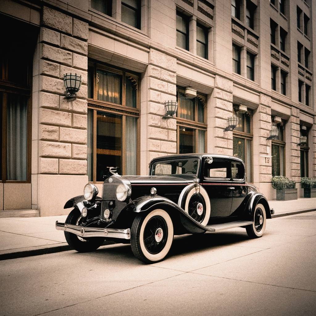 Coche de época delante de hotel.