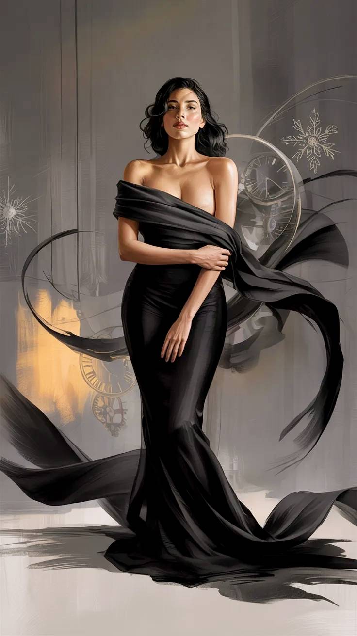 Diseño de modelo con vestido de noche negro.