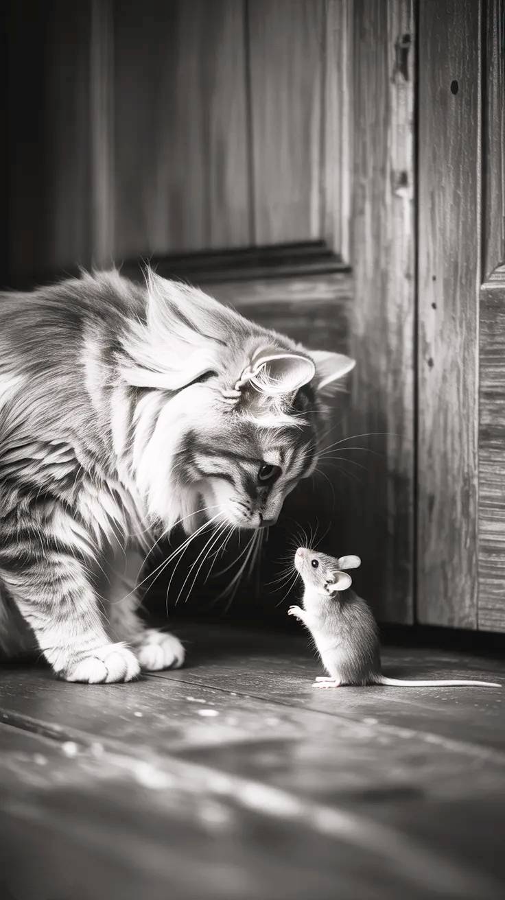 Gato mirando a ratón blanco y negro.