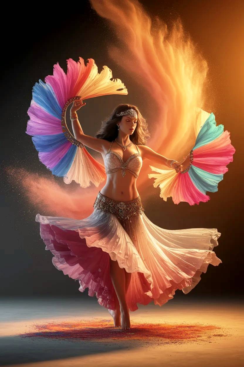 Imagen cinemática de bailarina con velos de colores.