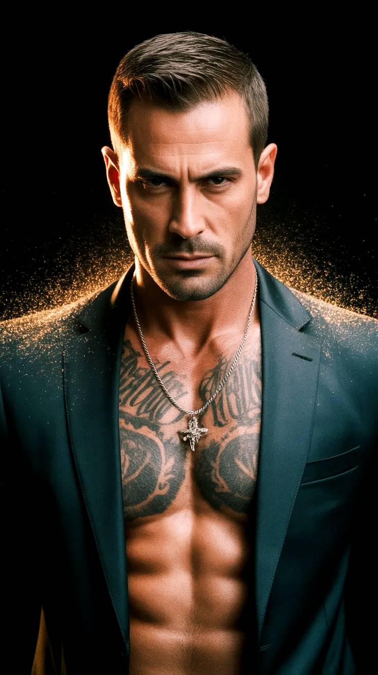 Modelo con pecho tatuado y chaqueta abierta.