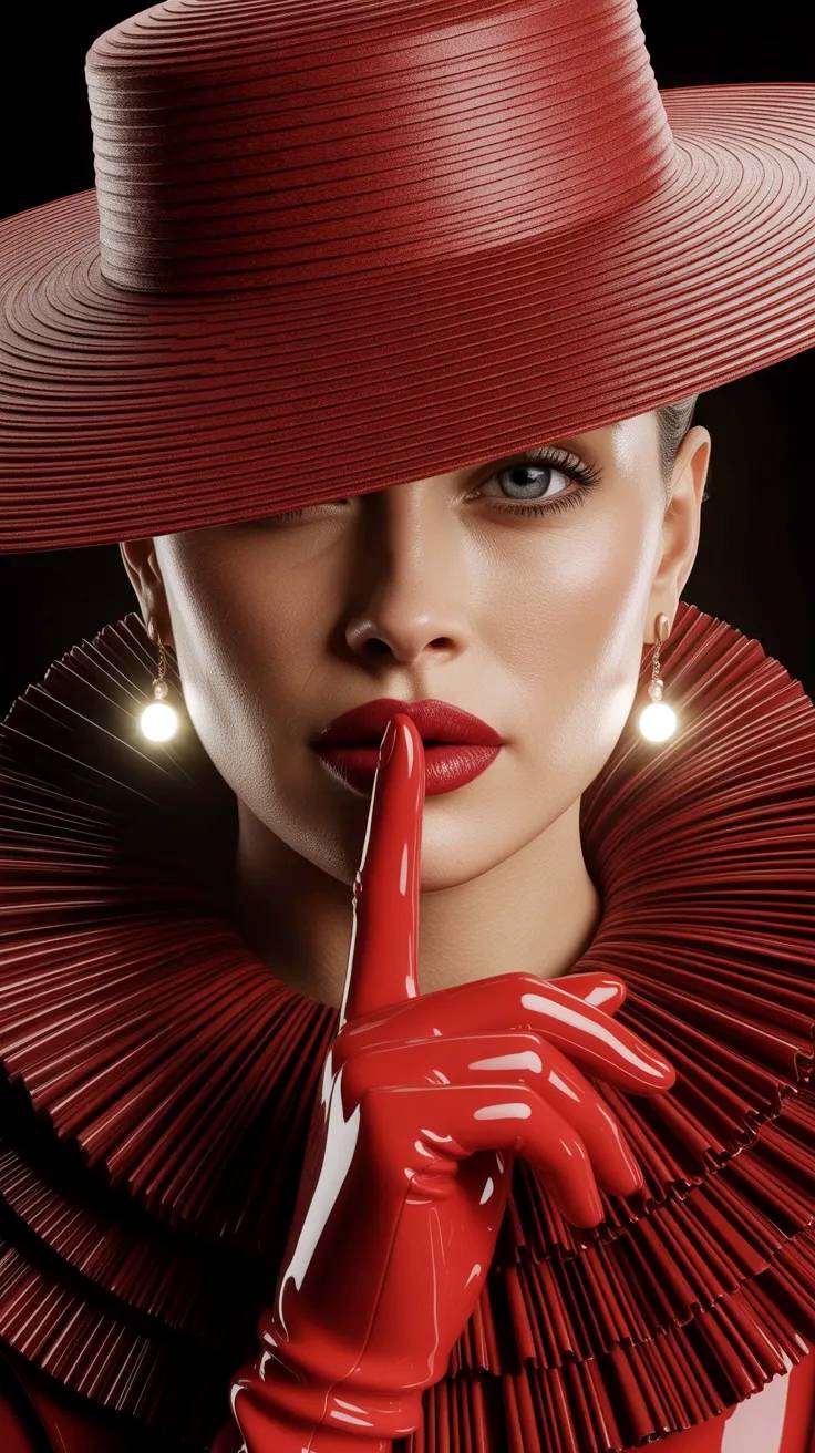 Modelo de alta costura con pamela y latex rojos.
