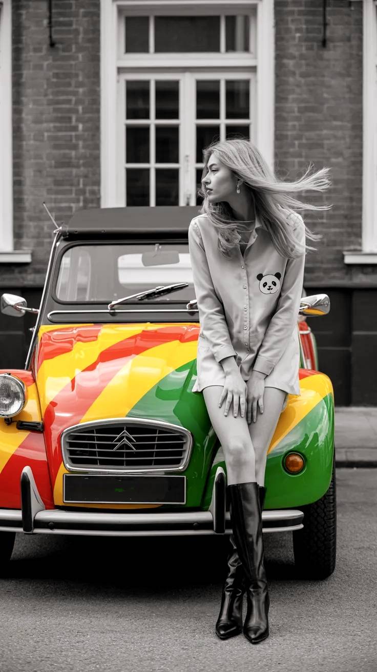 Modelo en blanco y negro en Citröen 2 CV en color.