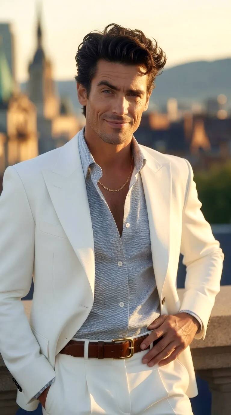 Modelo masculino con traje blanco.