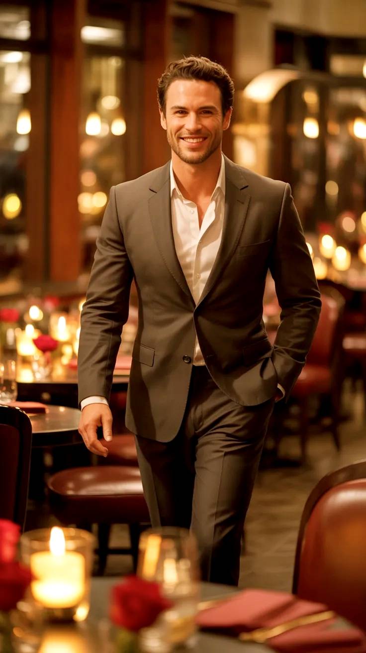 Modelo masculino entrando a restaurante.