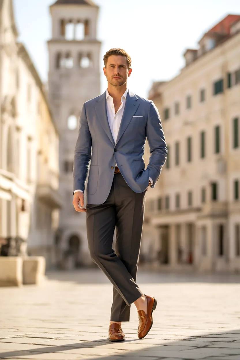Modelo masculino posando con traje de verano ante campanario.