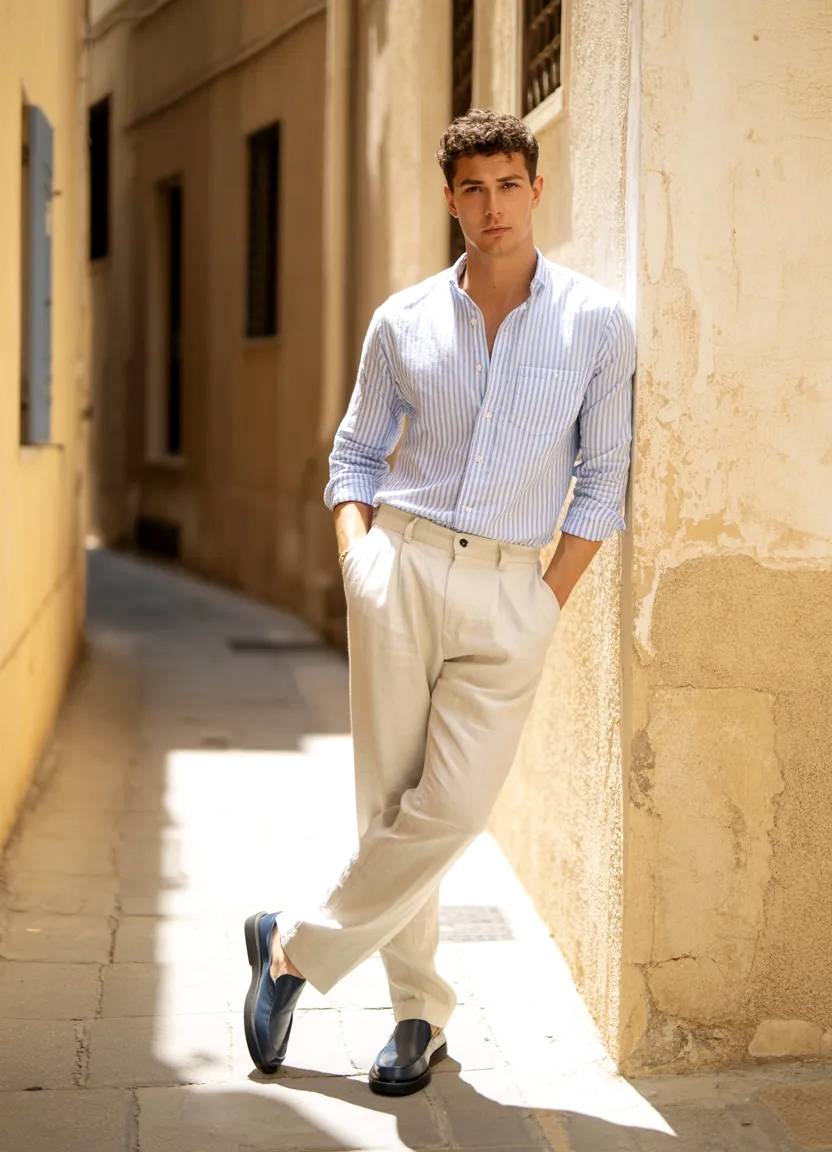 Modelo masculino posando en callejuela de Sicilia.