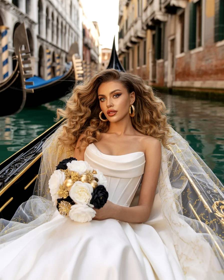 Modelo nórdica con vestido de novia en góndola.