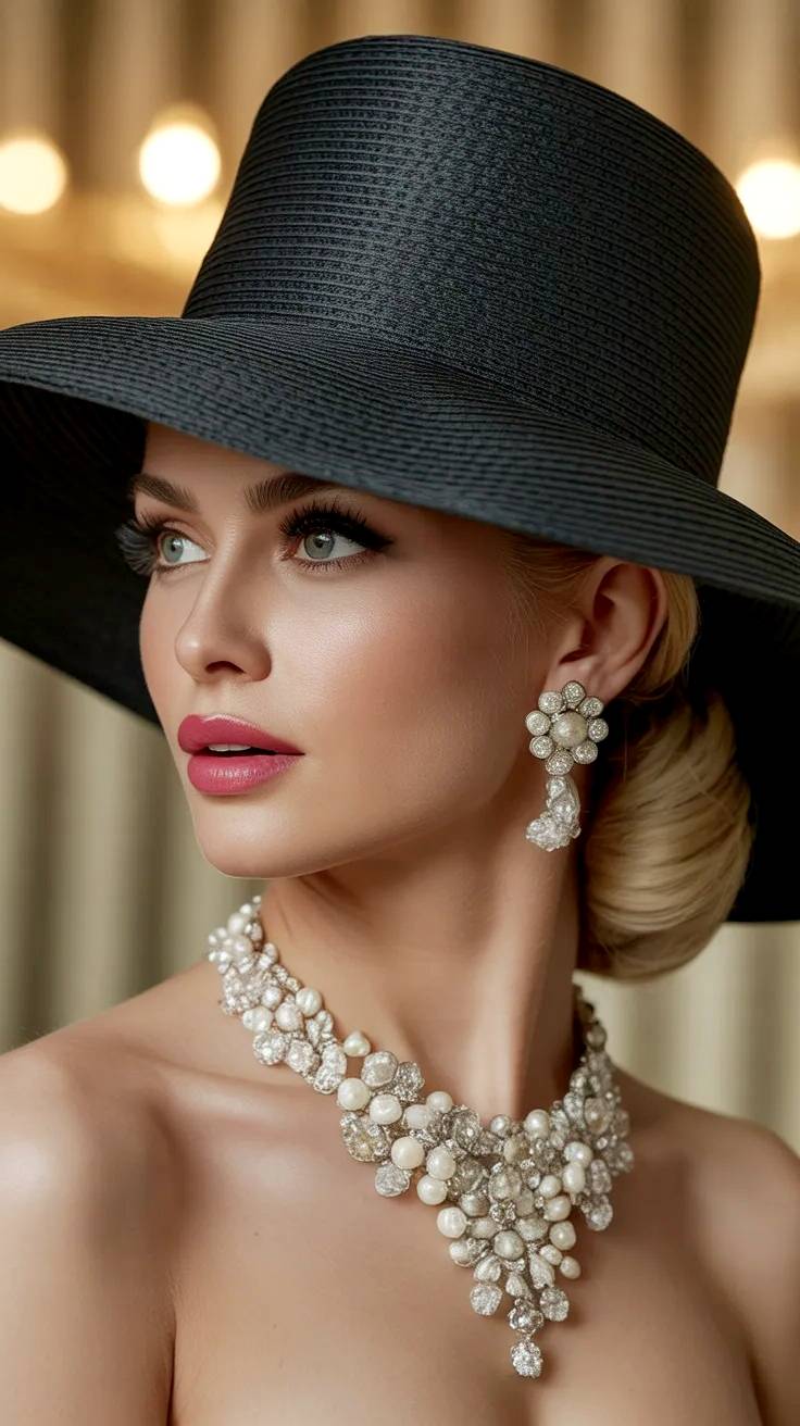 Modelo rubia de joyería con pamela negra.