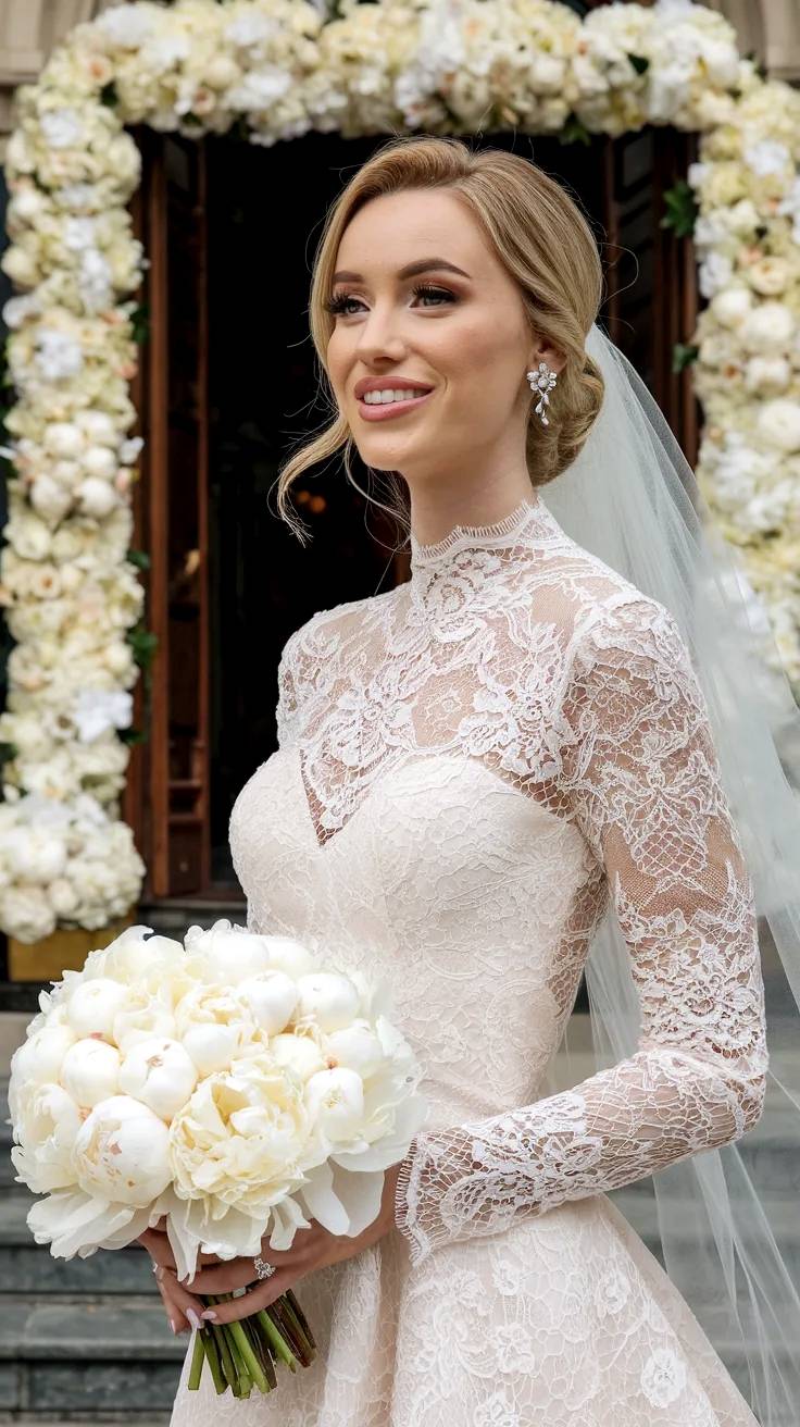 Modelo vestido de novia con bordado y ramo blanco.