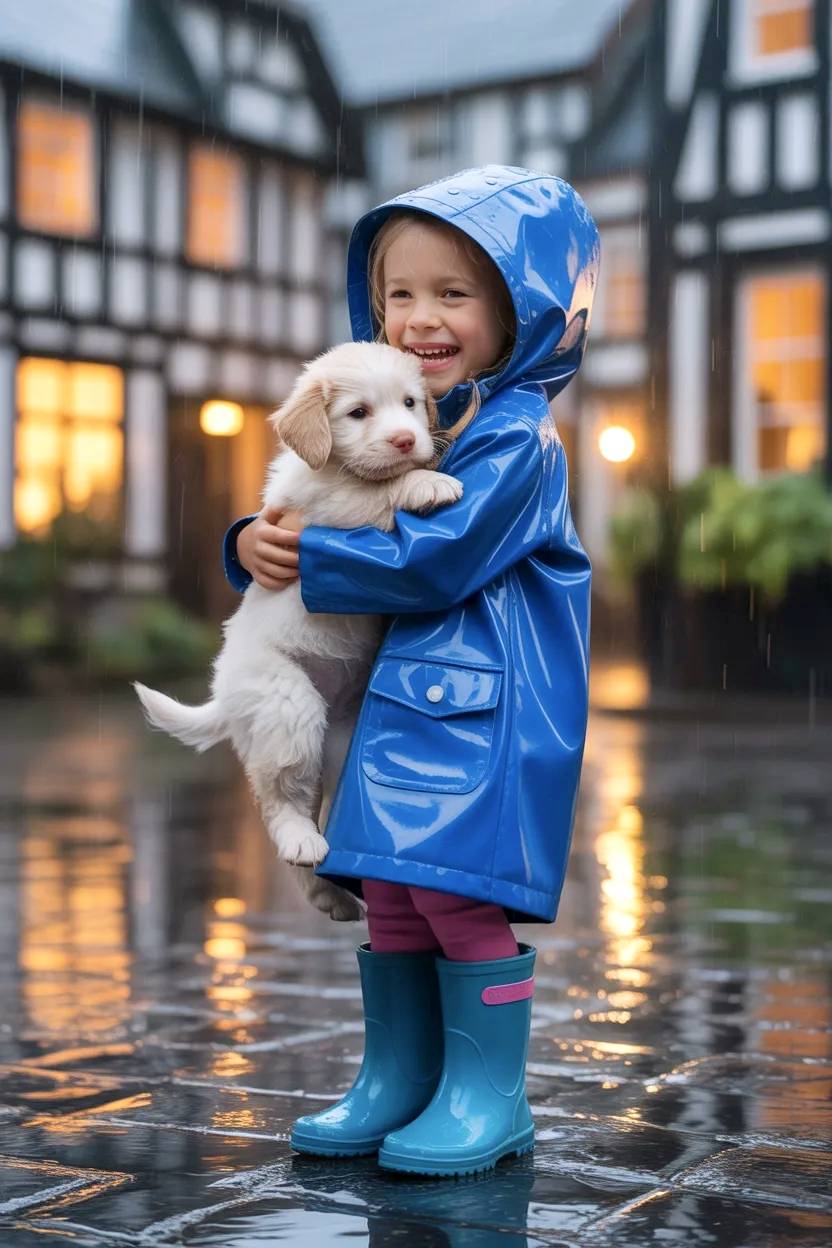 Niña con chubasquero y mascota bajo la lluvia.