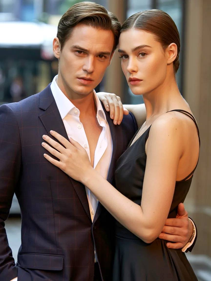 Pareja de modelos posando juntos.