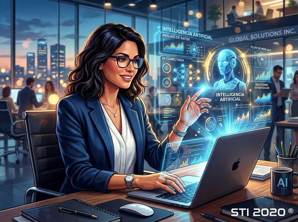 Businesswoman using laptop with AI data visualization and graphs in an office