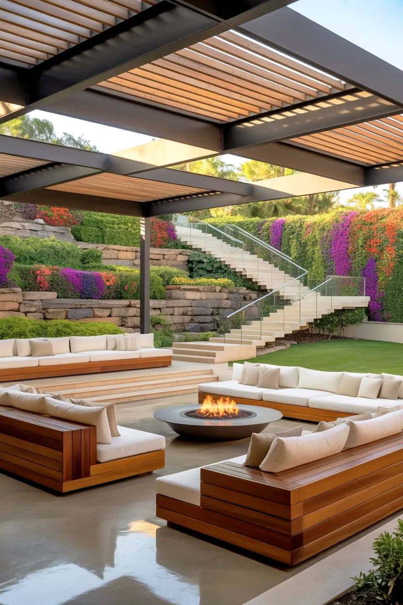 Terraza moderna con pérgola y fuego central.