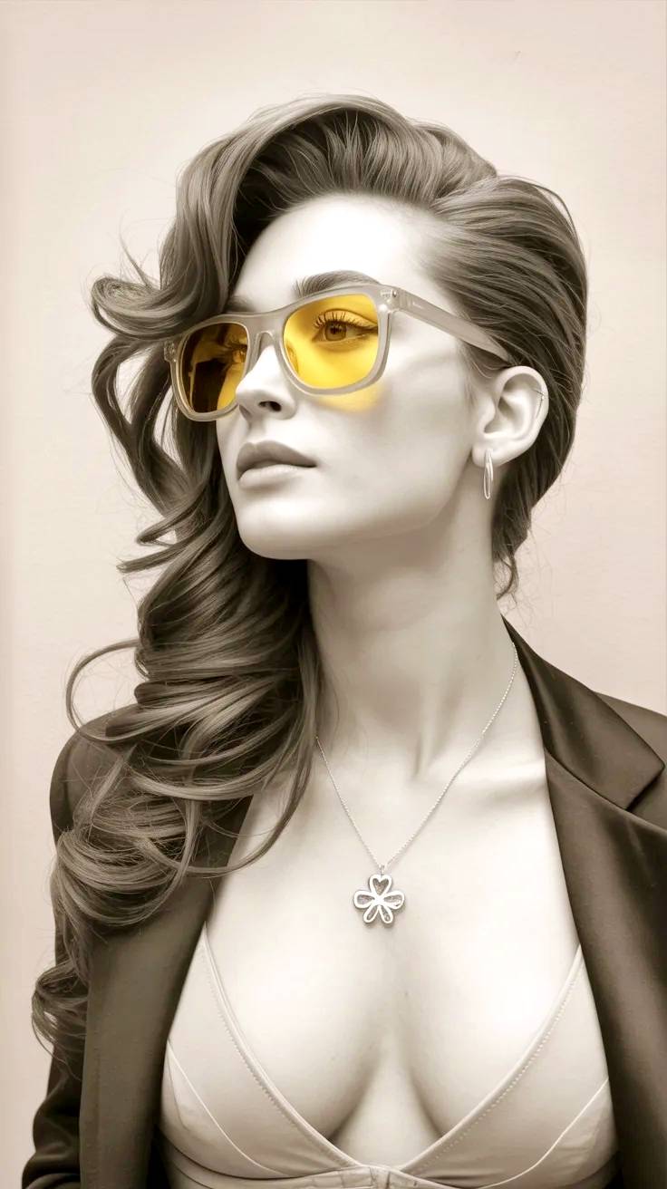 Modelo de peluquería en blanco y negro con lentes ambar.