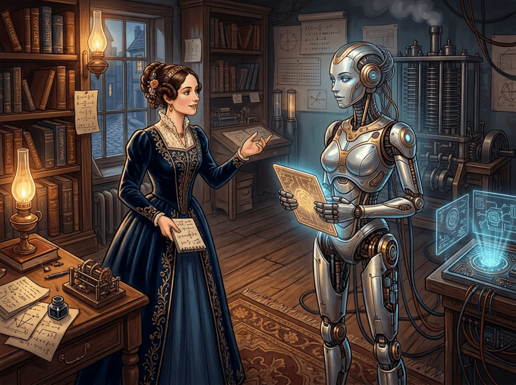 Victorian woman in blue dress sharing notes with a humanoid robot in a study room with scientific equipment